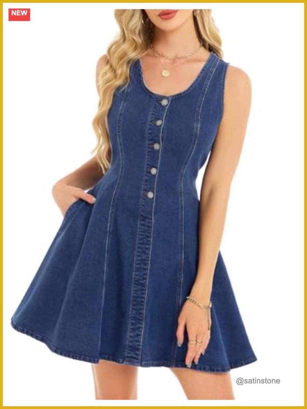 Sleeveless Denim Babydoll Dress V Neck Button Down Mini with Pockets